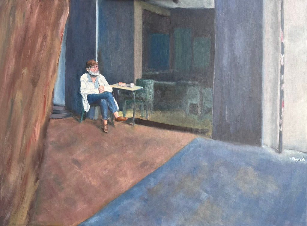Café Contemplation by Chris Blaylock. Oil painting of a quiet coffee outside a café, long shadows on cool blue walls.
