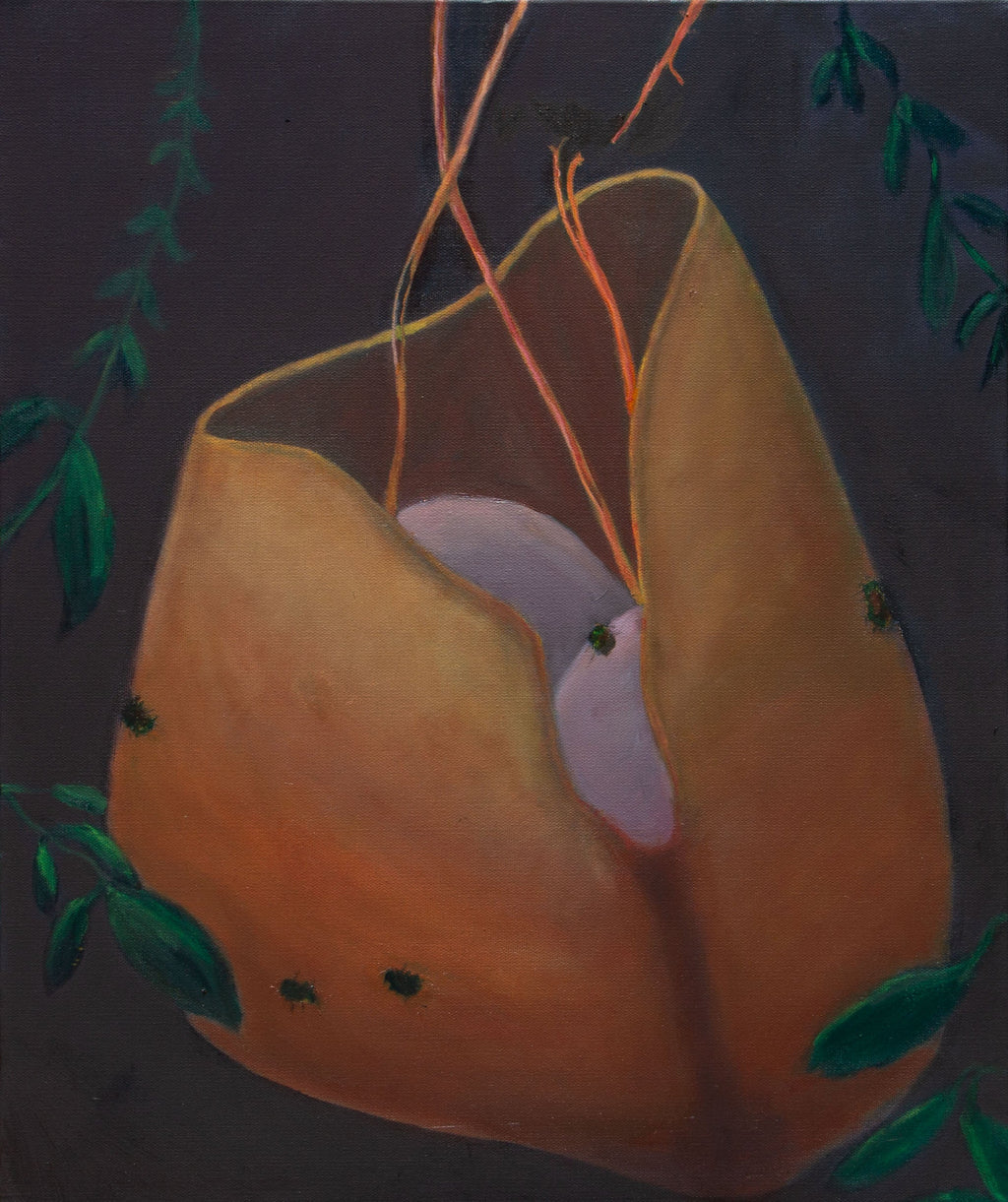 Nightmare Sack by Chris Blaylock. Oil painting of a sack shape with hanging tendrils on a dark ground.