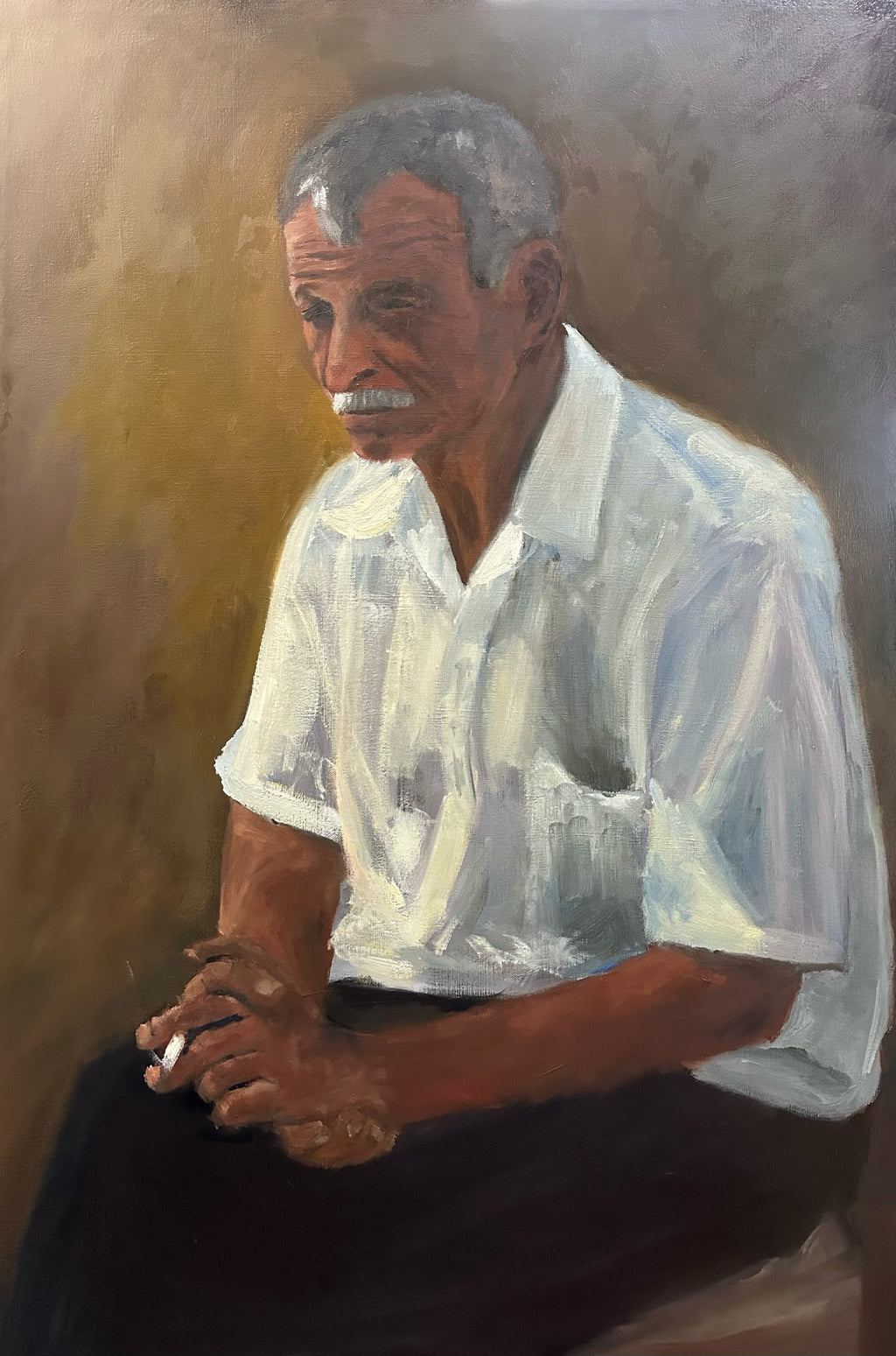 Weight by Chris Blaylock. Oil painting of a seated man resting, a cigarette in his hand.