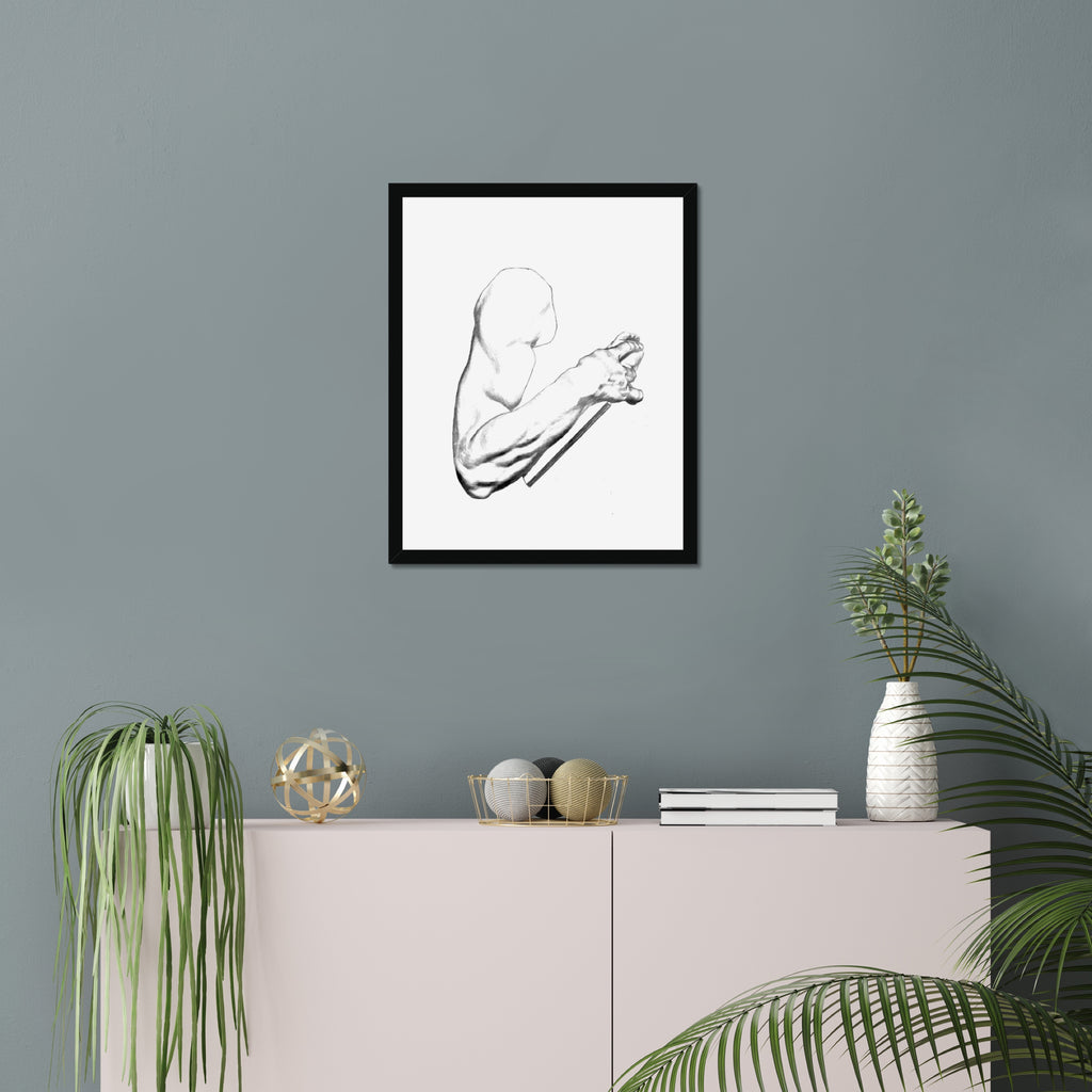 Arm Study art print, 16x20, in a black frame with white mat, hanging on a wall