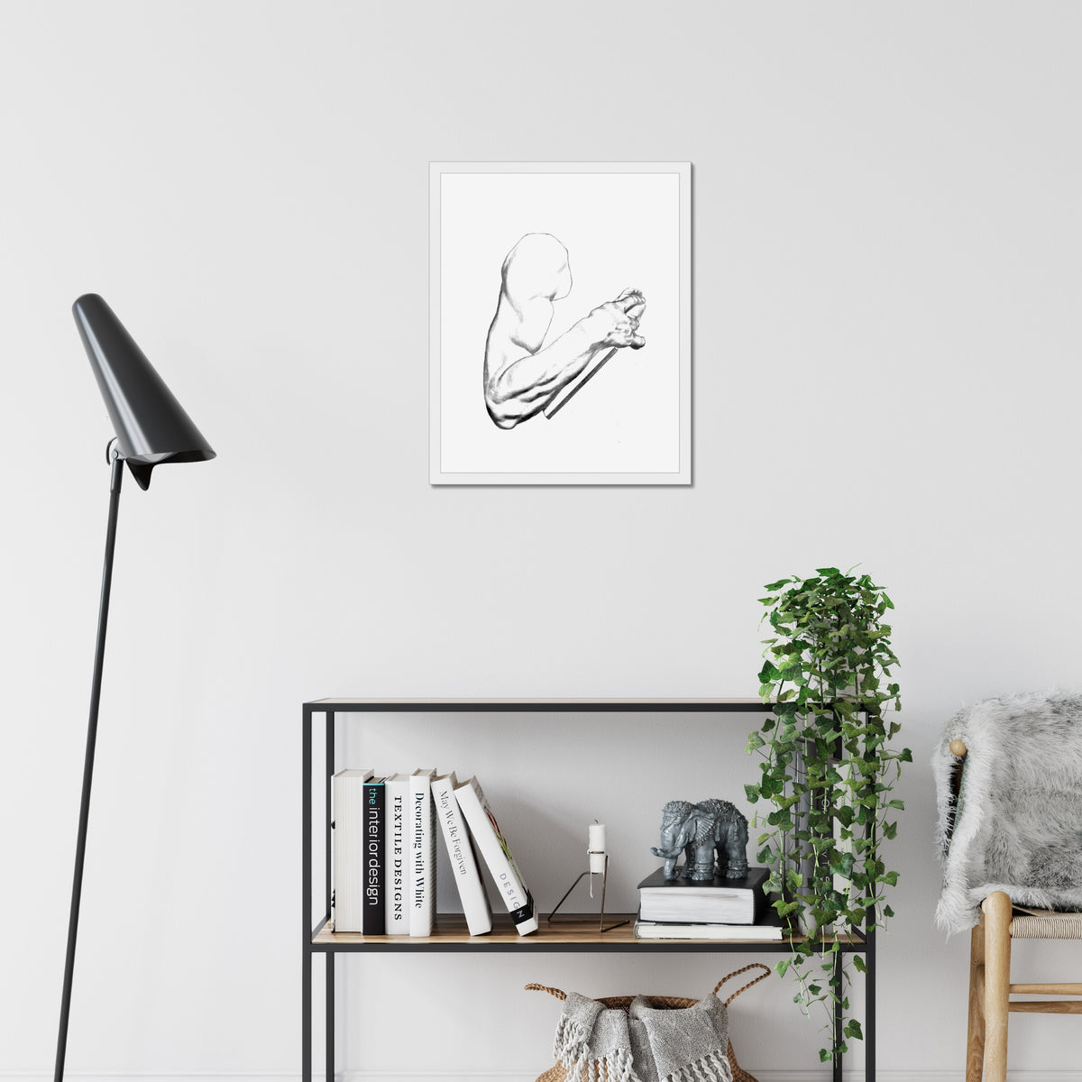 Arm Study art print, 16x20, in a white frame with white mat, hanging on a wall
