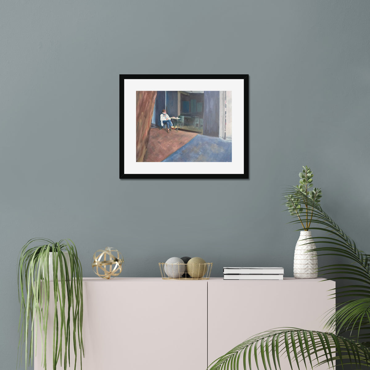 Café Contemplation art print, 16x20, in a black frame with white mat, hanging on a wall