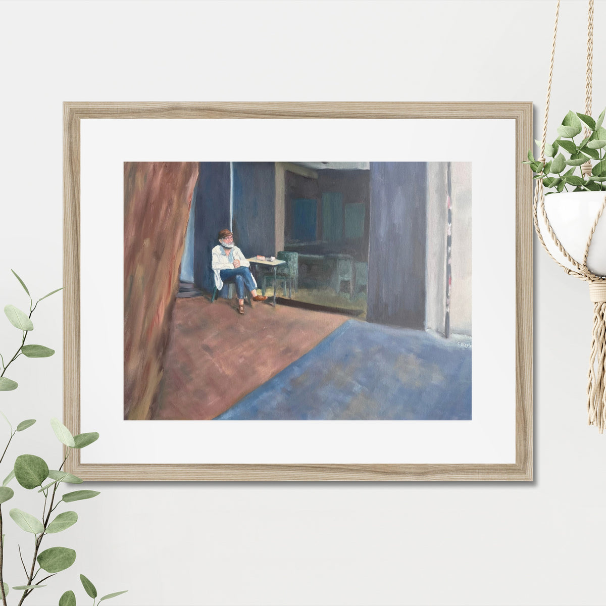 Café Contemplation art print, 16x20, in a natural frame with white mat, hanging on a wall