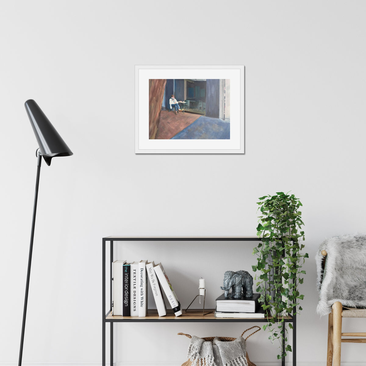 Café Contemplation art print, 16x20, in a white frame with white mat, hanging on a wall