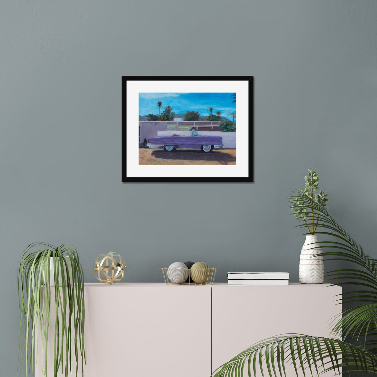 Car art print, 16x20, in a black frame with white mat, hanging on a wall