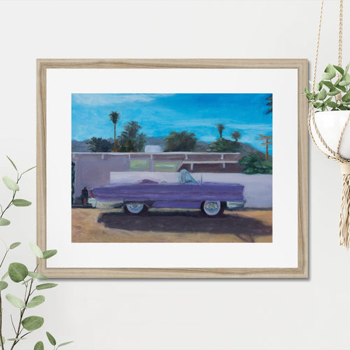 Car art print, 16x20, in a natural frame with white mat, hanging on a wall