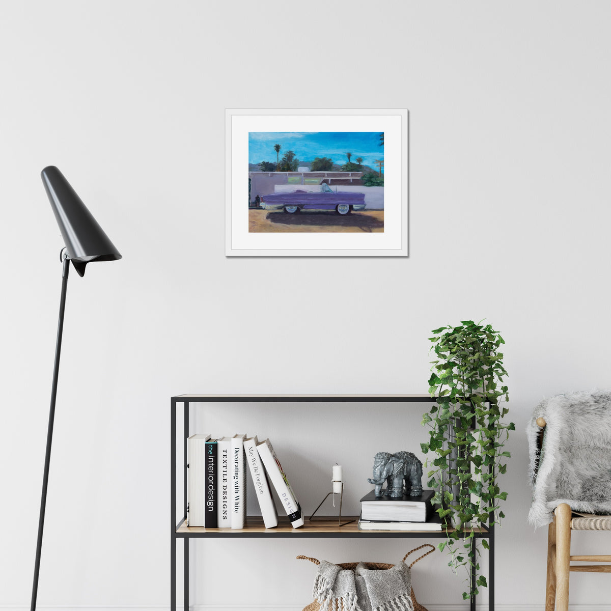 Car art print, 16x20, in a white frame with white mat, hanging on a wall