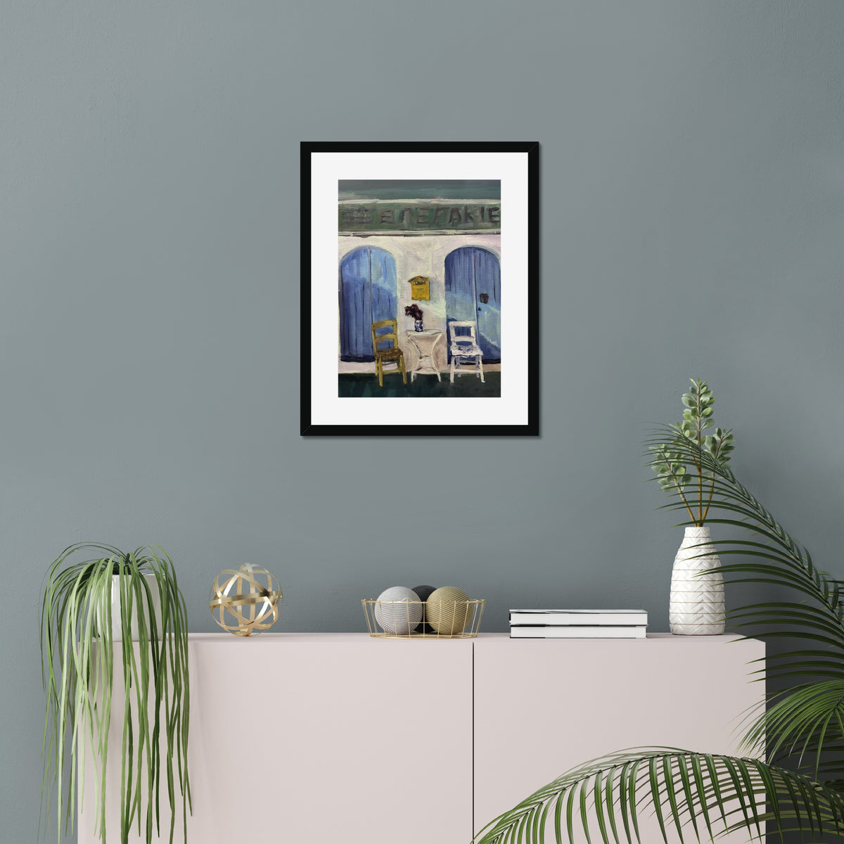 Empty Chairs art print, 16x20, in a black frame with white mat, hanging on a wall
