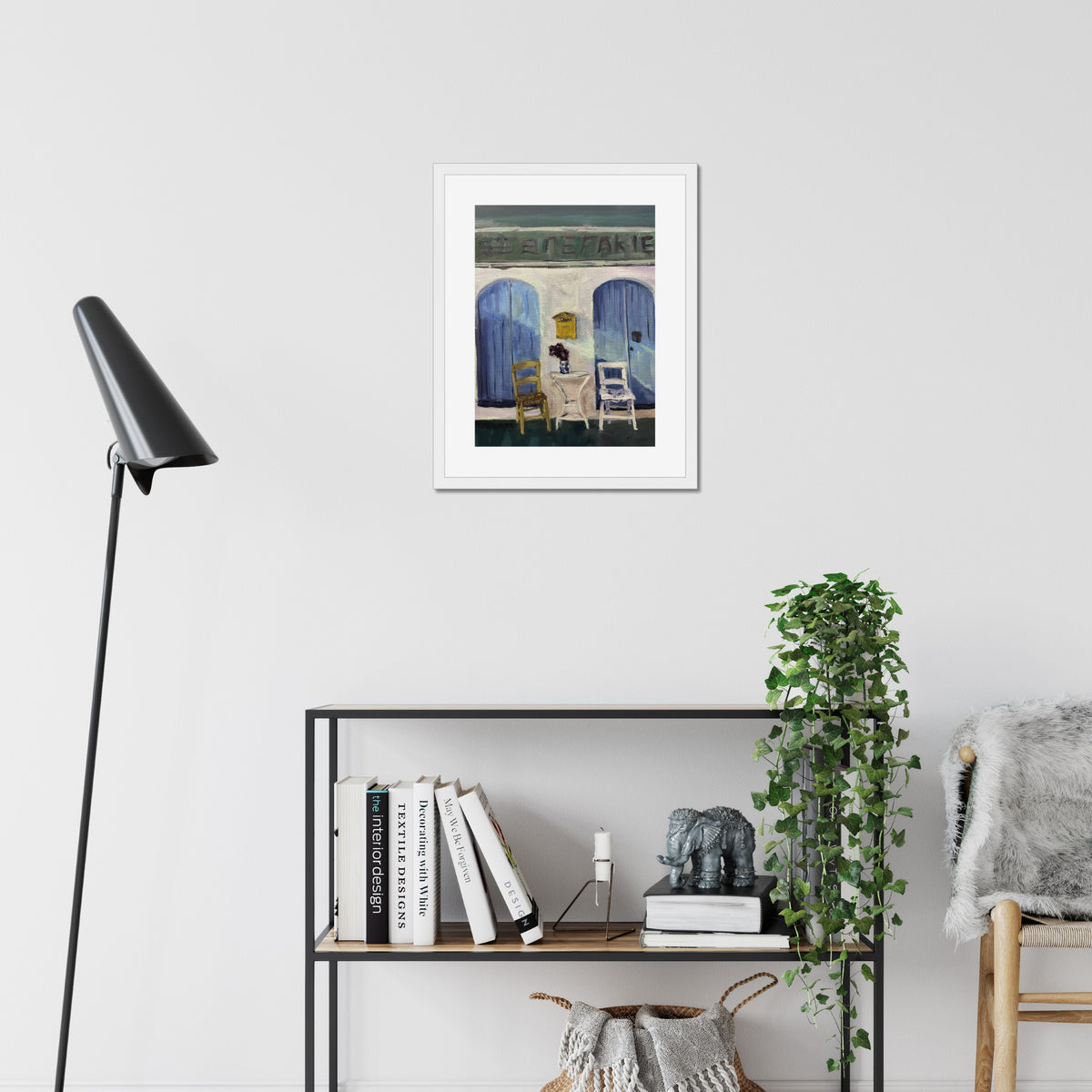 Empty Chairs art print, 16x20, in a white frame with white mat, hanging on a wall