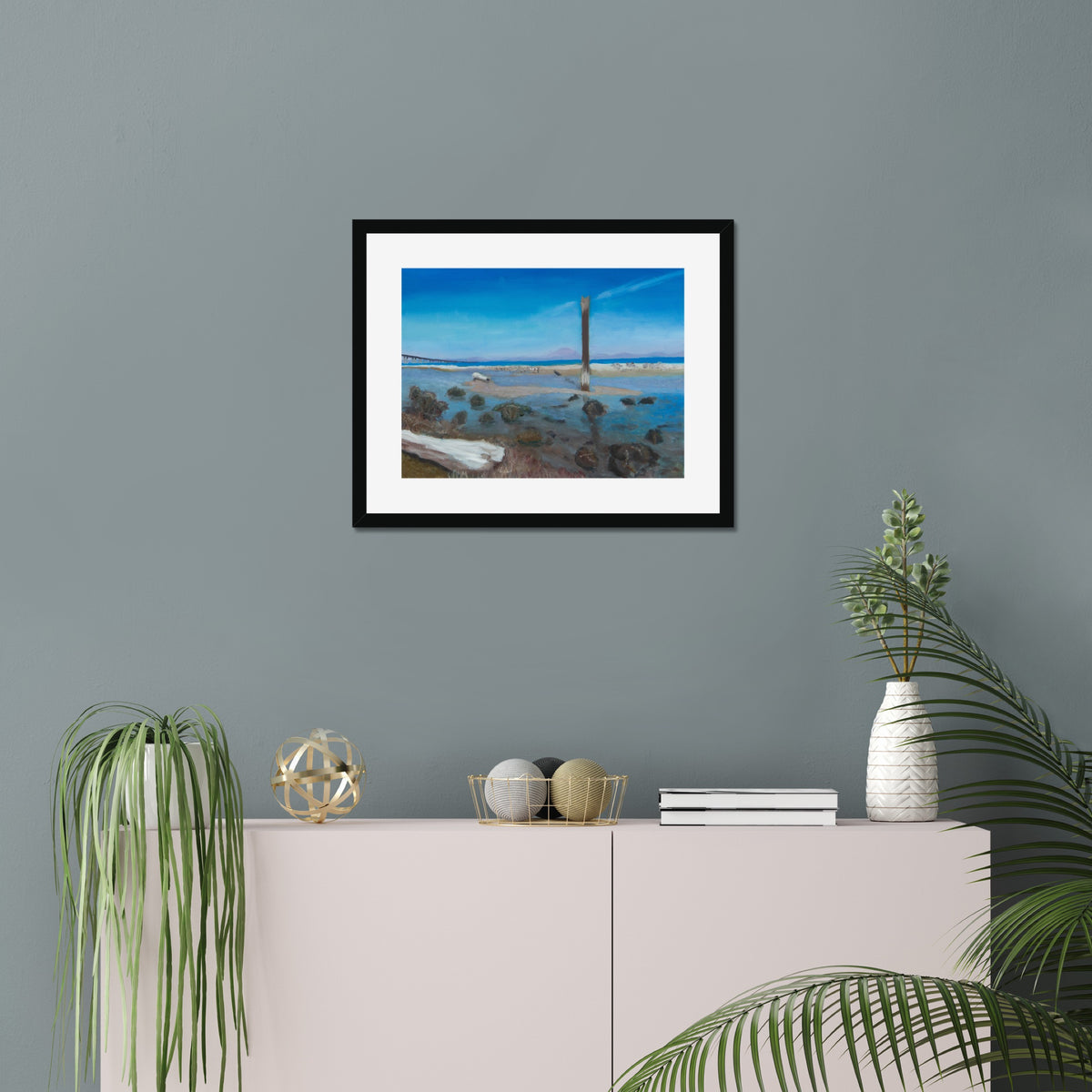 Foster City Tidepools art print, 16x20, in a black frame with white mat, hanging on a wall