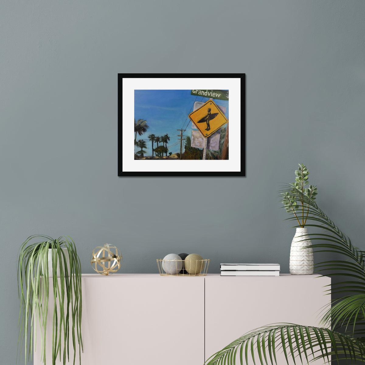 Grandview art print, 16x20, in a black frame with white mat, hanging on a wall