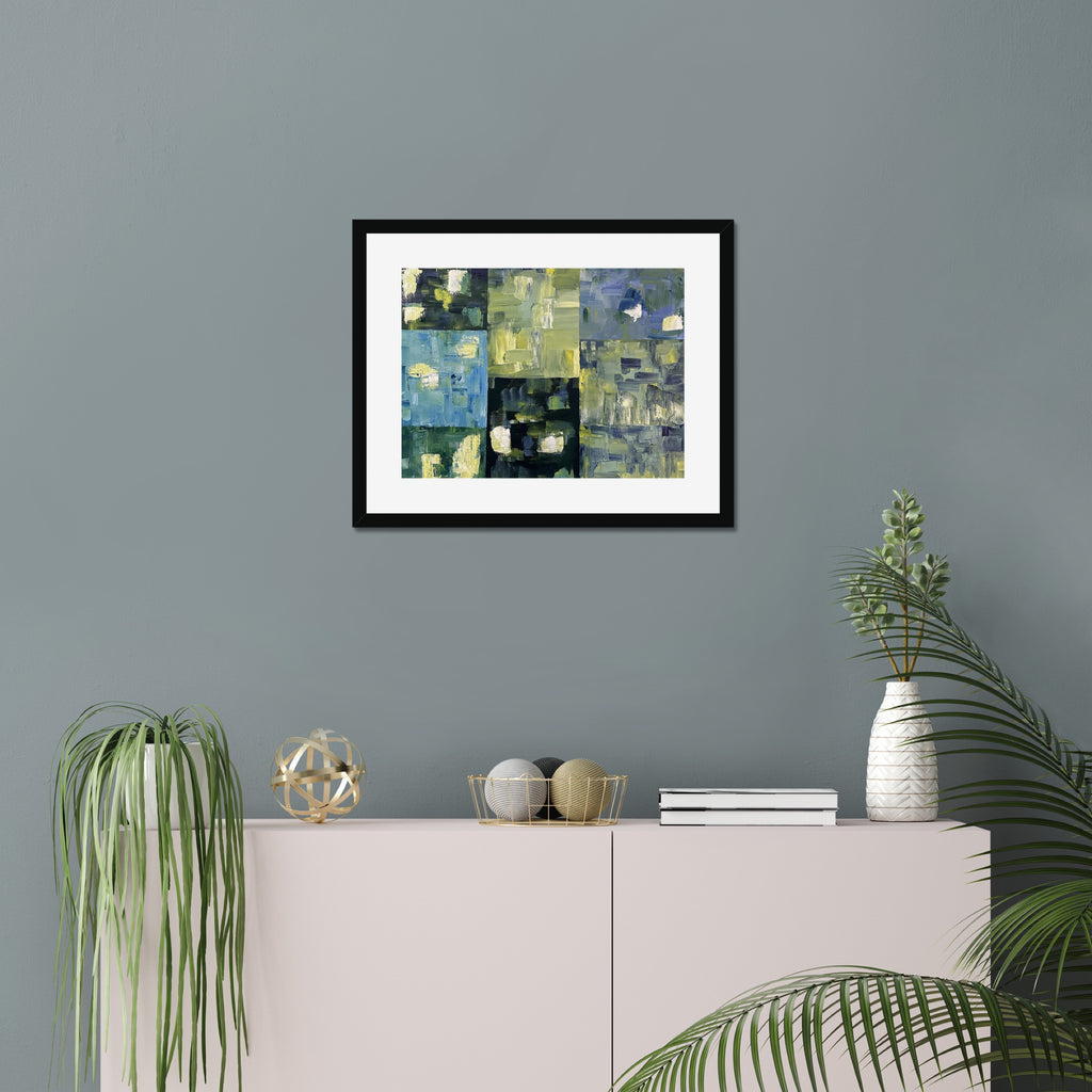 Lights On art print, 16x20, in a black frame with white mat, hanging on a wall