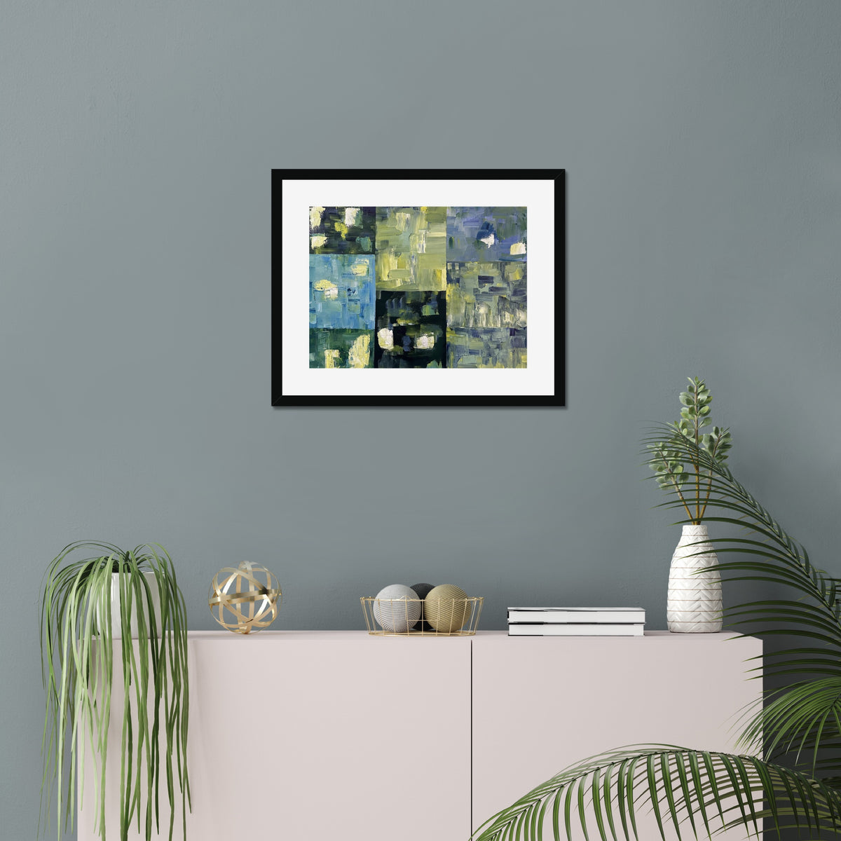 Lights On art print, 16x20, in a black frame with white mat, hanging on a wall