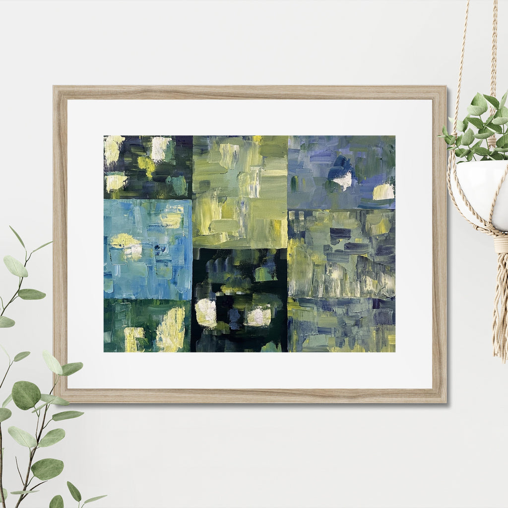 Lights On art print, 16x20, in a natural frame with white mat, hanging on a wall