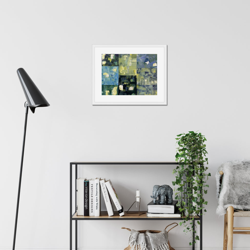 Lights On art print, 16x20, in a white frame with white mat, hanging on a wall
