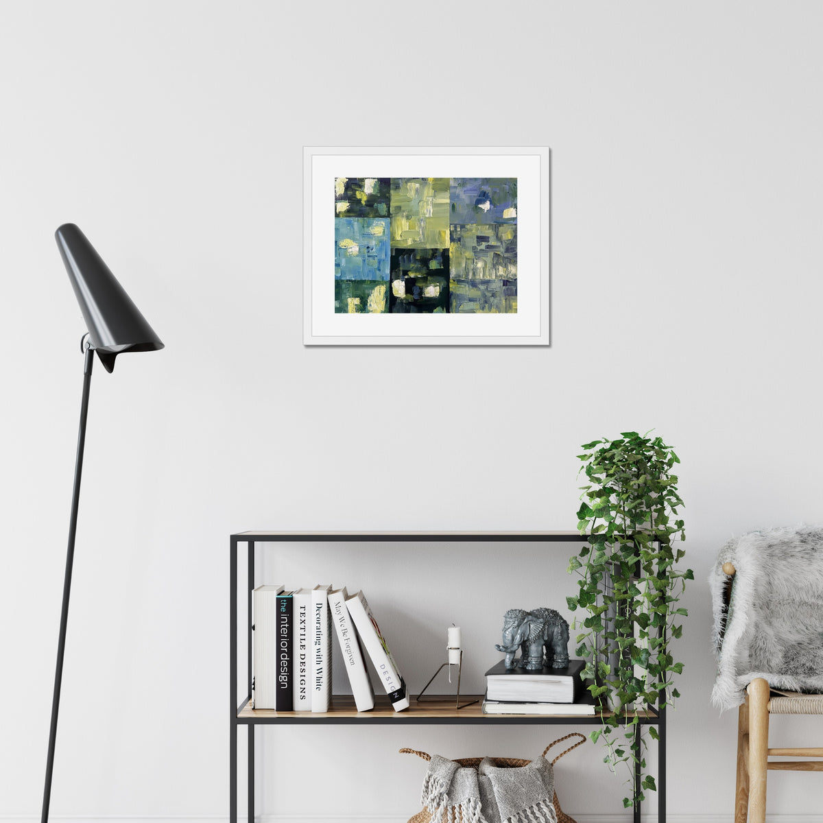 Lights On art print, 16x20, in a white frame with white mat, hanging on a wall
