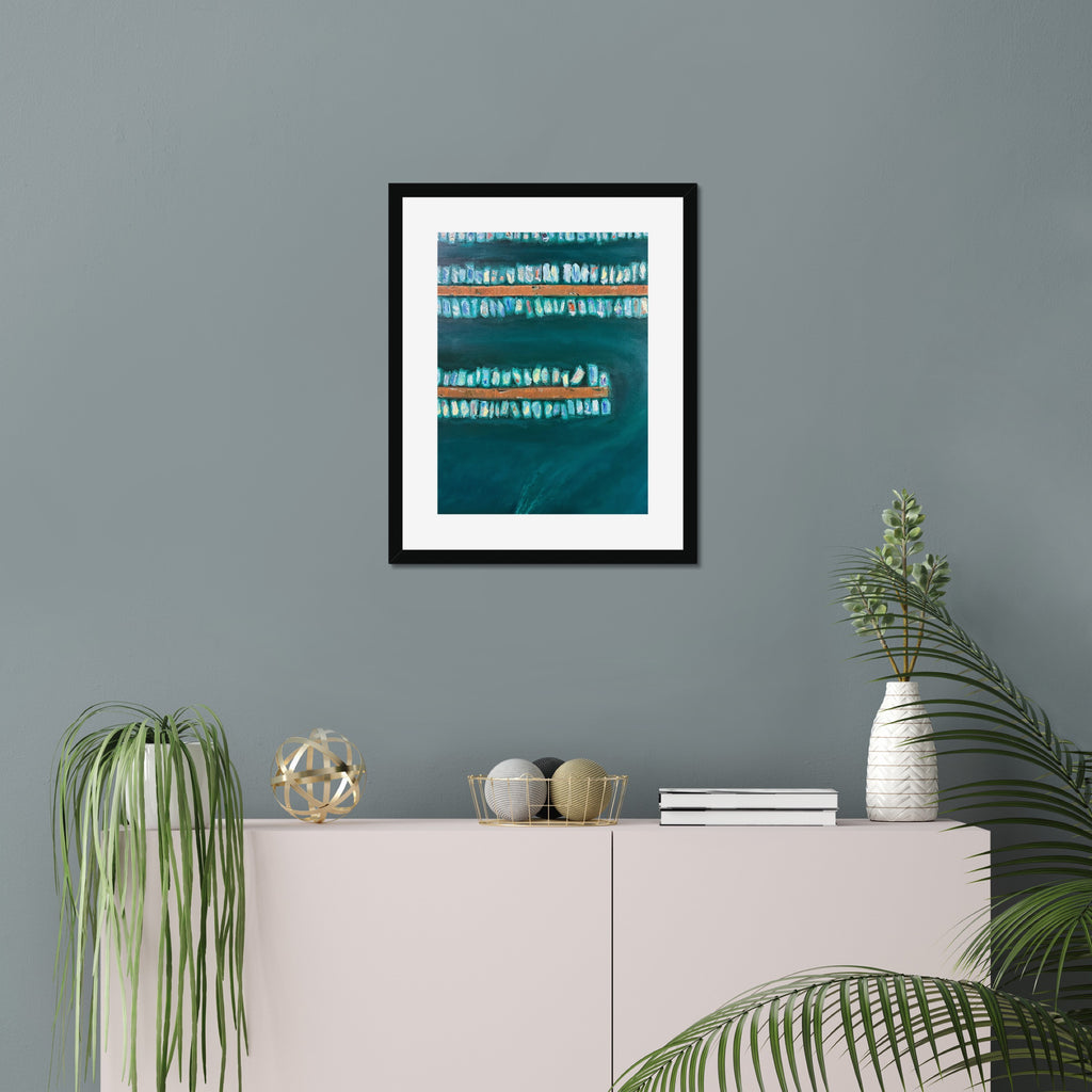 No Wake art print, 16x20, in a black frame with white mat, hanging on a wall