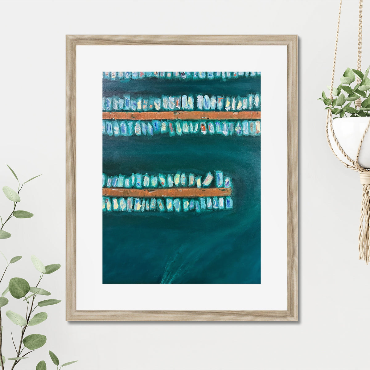 No Wake art print, 16x20, in a natural frame with white mat, hanging on a wall
