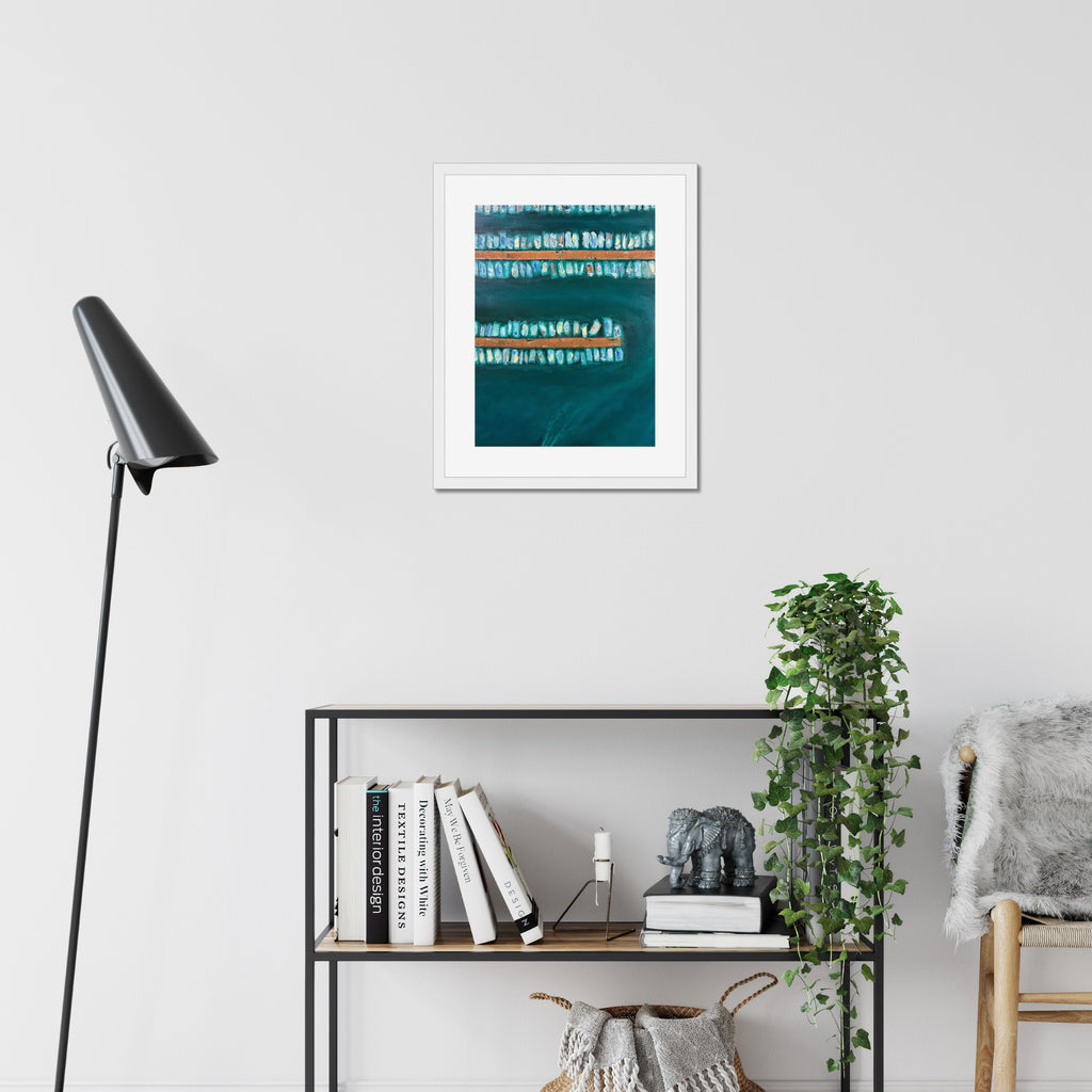 No Wake art print, 16x20, in a white frame with white mat, hanging on a wall