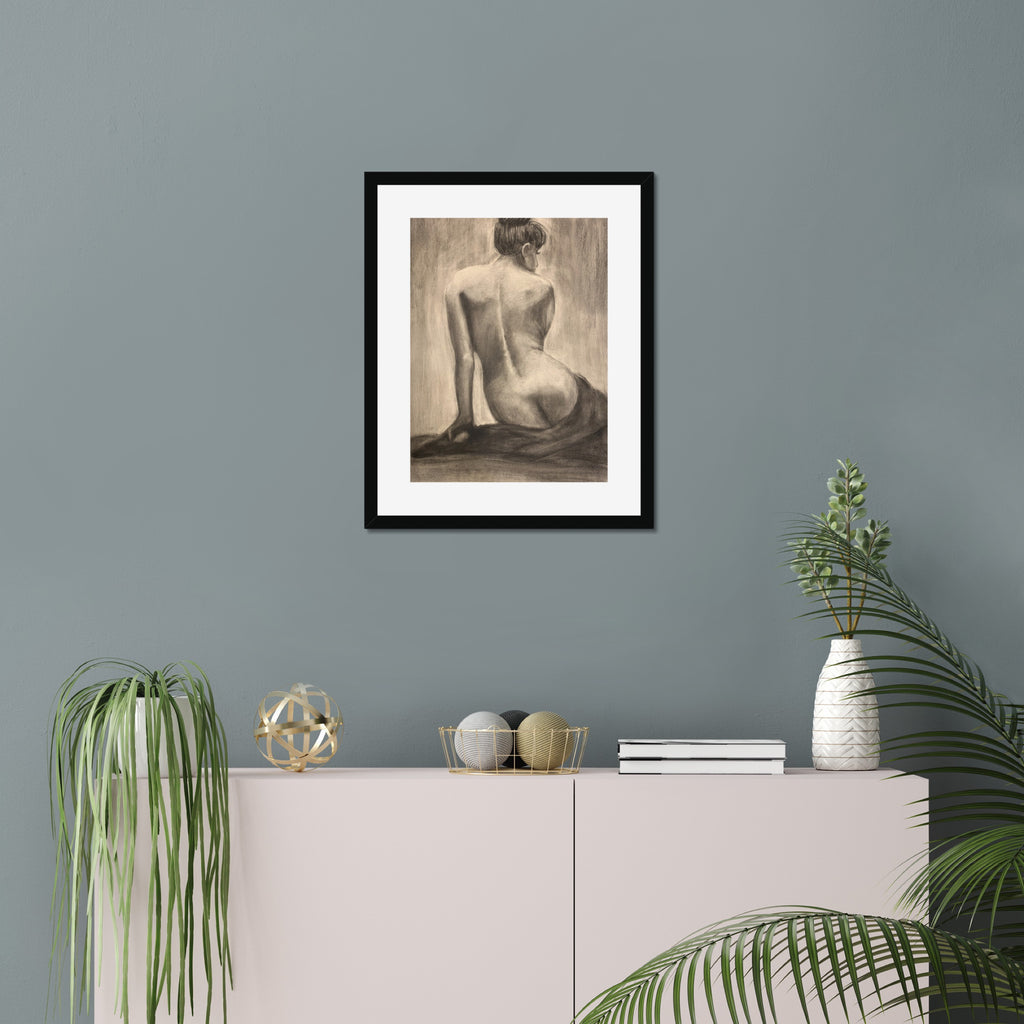 Seated Figure Study art print, 16x20, in a black frame with white mat, hanging on a wall