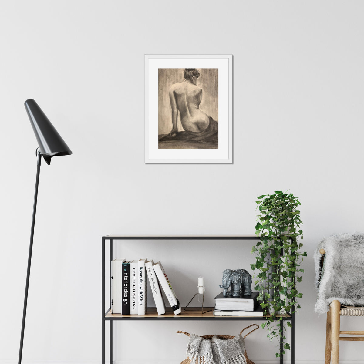 Seated Figure Study art print, 16x20, in a white frame with white mat, hanging on a wall
