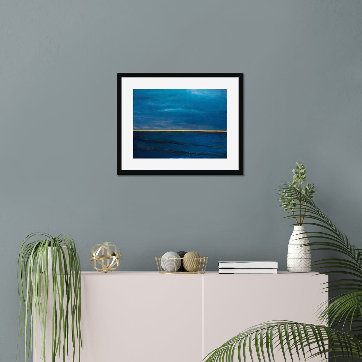 SoCal Sunset art print, 16x20, in a black frame with white mat, hanging on a wall