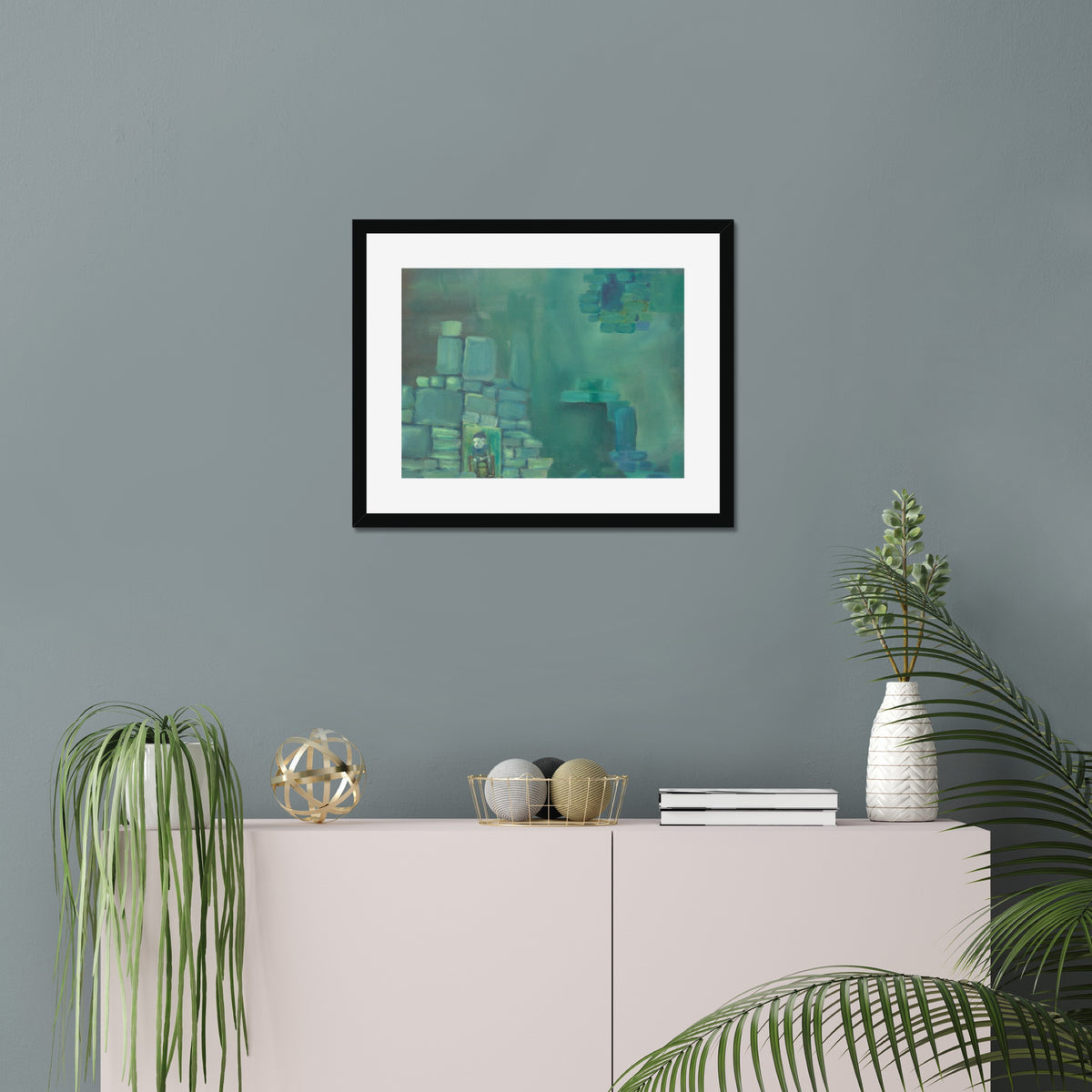 The Tenant art print, 16x20, in a black frame with white mat, hanging on a wall