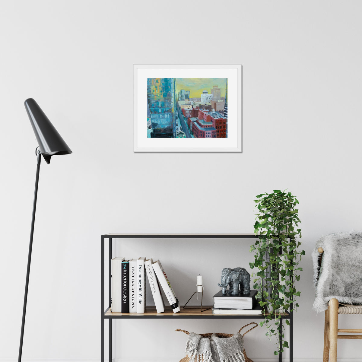 Views of Church art print, 16x20, in a white frame with white mat, hanging on a wall