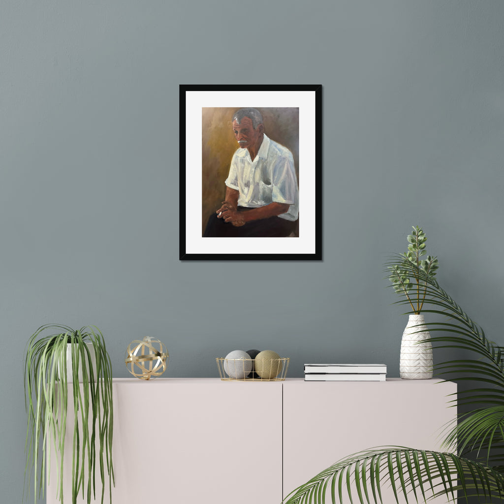 Weight art print, 16x20, in a black frame with white mat, hanging on a wall
