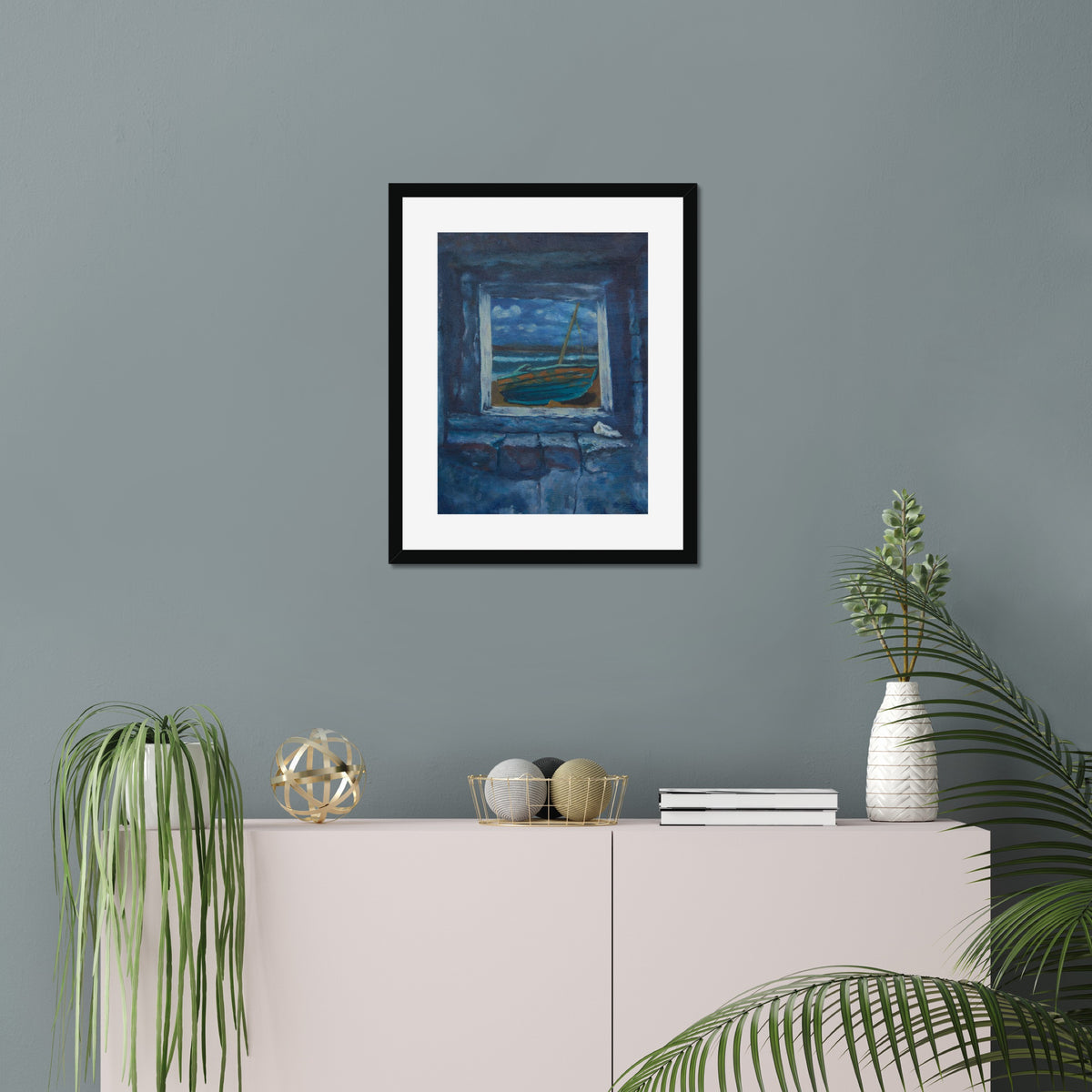 Window to Peace art print, 16x20, in a black frame with white mat, hanging on a wall