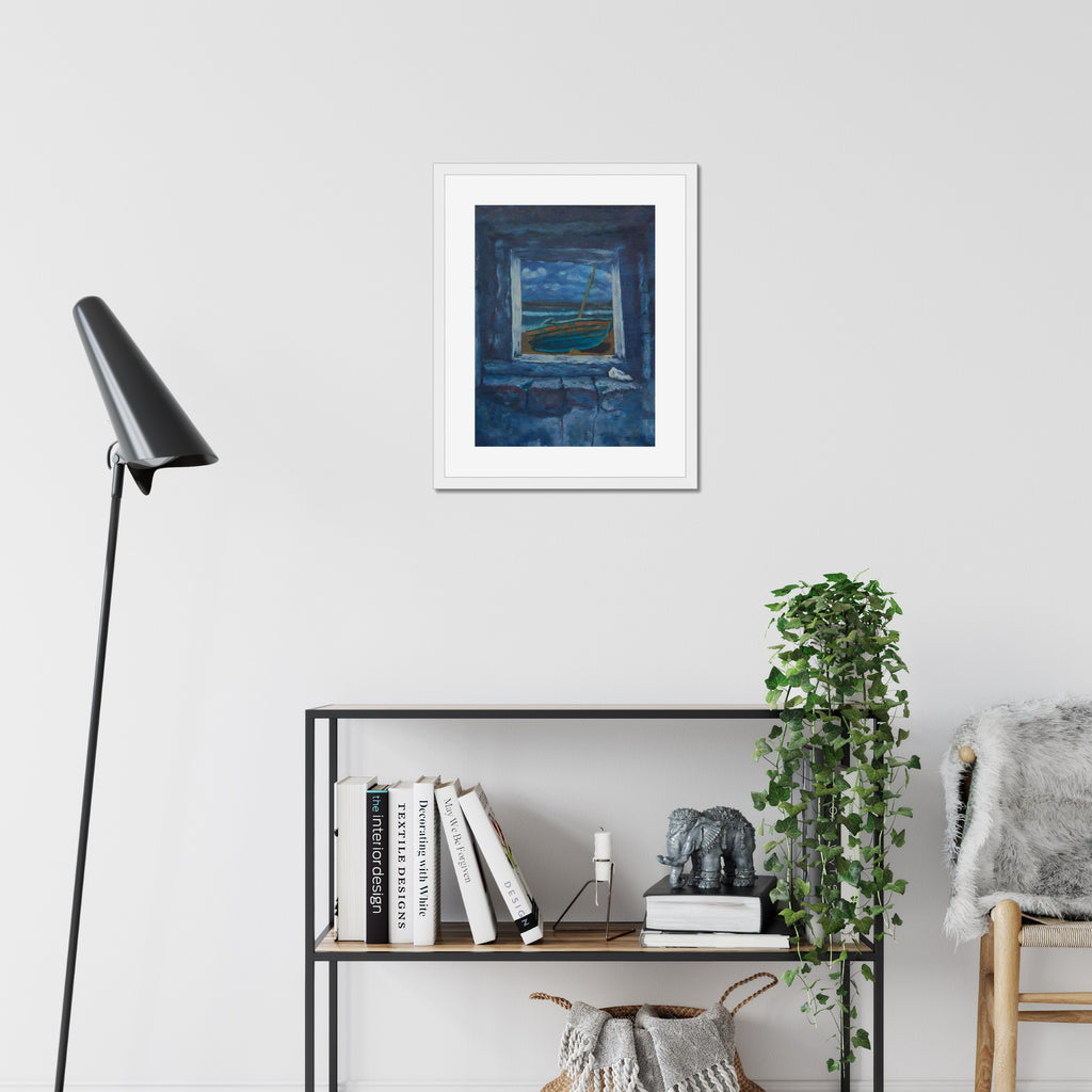 Window to Peace art print, 16x20, in a white frame with white mat, hanging on a wall
